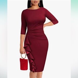 Amazon Febbabe Pencil Midi Dress Wine Red Small 3/4 sleeves small